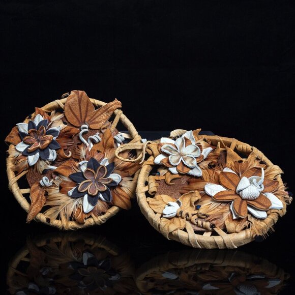 Custom Wall Hanging | Handcrafted Leather & Feather Floral Wall Art Duo - Picture 3 of 12